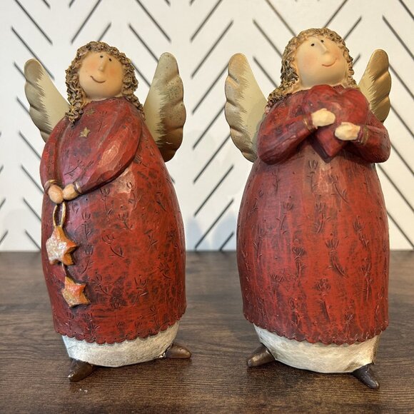 2 Curly Haired Angel Wing Figurines Red Robes Gold Heart Stars Christmas 6.5" - Picture 1 of 11